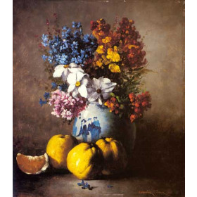 A Still Life With A Vase Of Flowers And Fruit