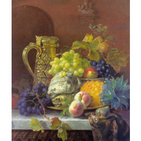 Fruits on a tray with a silver flagon on a marble ledge