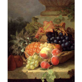 Peaches, Grapes And A Pineapple In A Basket, On A Stone Ledge