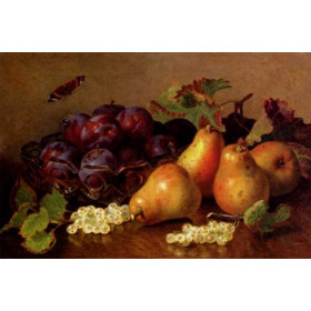 Still Life With Pears, Plums In A Glass BowlAnd White Currants On A Table