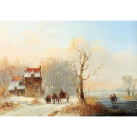 A Winter Landscape With Skaters On A Frozen waterway And A Horse-drawn Cart On A Snow-covered Track