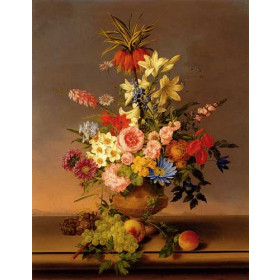 Still Life Of Various Flowers In A vase With Bunches Of Grapes And Peaches, All Resting On A Ledge With A Landscape Beyond