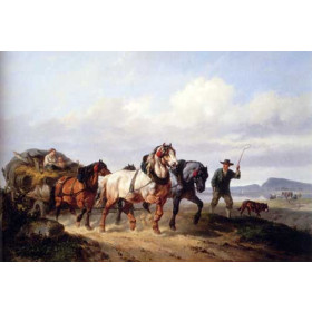 Horses Pulling A Hay Wagon In A Landscape