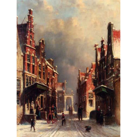 A Town View In Winter With Figures Conversing On Porches And Children Throwing Snowballs