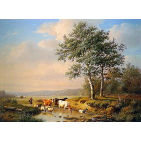 An Extensive Landscape with Cattle Watering