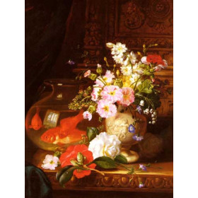 Still Life With Camellias, Primroses And Lily Of The Valley In An Urn By A Goldfish Bowl