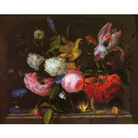 A Still Life Of Roses, Irises, Carnations, Daffodils, Parrot Tulips And Other Flowers In A Glass Vase