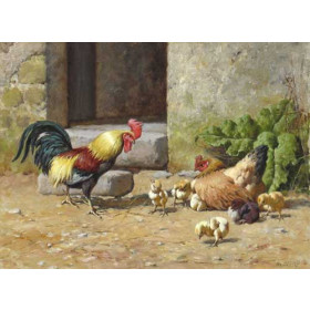 A Rooster, Hen, and Chicks