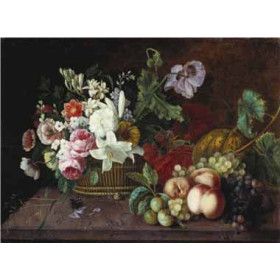 Adele Evrard - Still Life with a Basket of Flowers and Fruit on a Marble Ledge