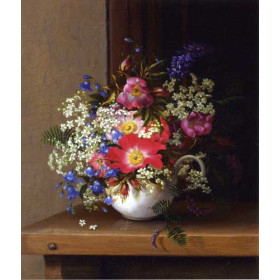 Adelheid Dietrich - Still Life with Dog Roses, Larkspur and Bell Flowers in a White Cup