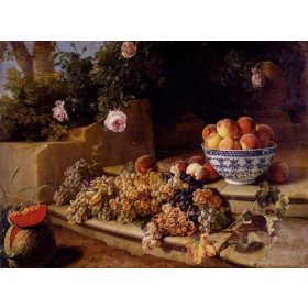 Alexandre-Francois Desportes - Still Life Of Grapes, Peaches In A Blue And White Porcelain Bowl