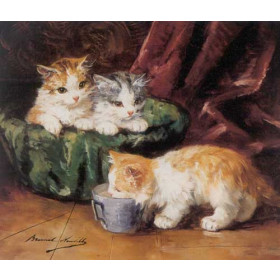 Alfred de Neuville - Kittens in a Tea Cup of Milk for Three Cats and Kittens