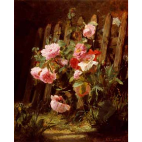 Alfred-Frederic Lauron - Pink Roses by a Garden Fence