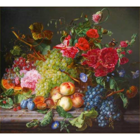 Amalie Kaercher - Still Life of Fruit and Flowers on a Marble Ledge