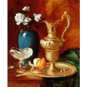 Antoine Vollon - Still Life of a Gilt Ewer, Vase of Flowers and a Facon De Venise Bowl