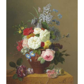 Arnoldus Bloemers - Roses, Poppies, Cornflowers, Convulvulus, Jasmine in a terracotta Vase