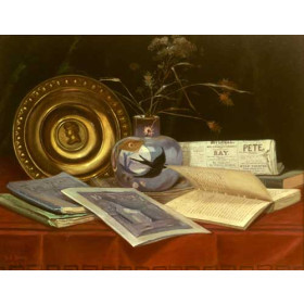 Books, Copper Plate and Flowers in Blue Vase