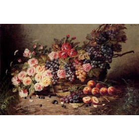 Carlier, Modeste - Still Life with Grapes, Peaches and Roses