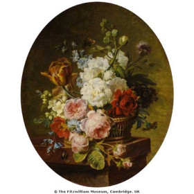 Cornelis Spaendonck - Open wicker basket of mixed flowers