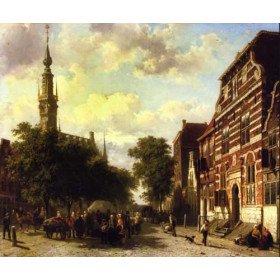 Cornelius Springer - A Busy Market in Veere with the Clocktoewer of the Town Hall Beyond