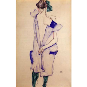 Egon Schiele - Standing Girl in a Blue Dress and Green Stockings, Back View