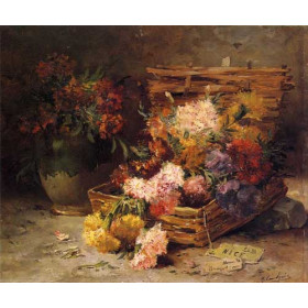 Eugene Henri Cauchois - Still Life of Flowers in a Vase and a Basket