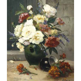 Eugene Henri Cauchois - Still Life of Peonies and Wallflowers