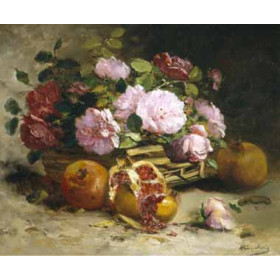 Eugene Henri Cauchois - Still Life of Roses and Pomegranates