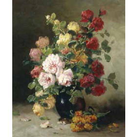 Eugene Henri Cauchois - Still Life of Roses and Wallflowers