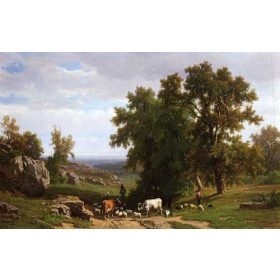 Eugene Verboeckhoven - An Extensive Wooded Rocky Landscape with Shepherds and Flock and Cows