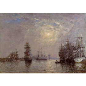 Eugene-Louis Boudin - Le Havre, European Basin, Sailing Ships at Anchor, Sunset