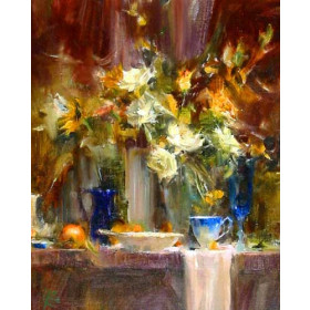 Floral Still Life with Blue Glass