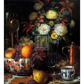 Fruit Still Life with Flowers in Glass Vase