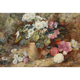 George Clare - Still Life with Camellia Flowers on a Bank Beside a Pelargonium in a Pot