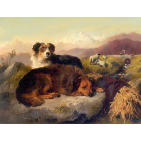 George Horlor - Sheepdogs Resting in Mountain Landscape