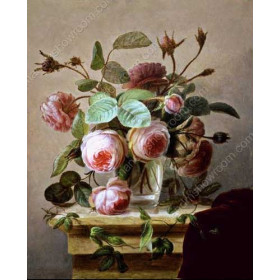 Hans Hermann -A Still Life Of Pink Roses In A Glass Vase