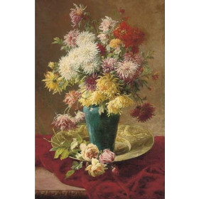 Henri Biva - Chrysanthemums and roses in a vase on a salver