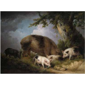 Henry Alken - A Sow and Her Four Piglets in a Wooded Landscape