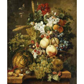 Jacobus Linthorst - Fruit and Flowers on Marble Ledges