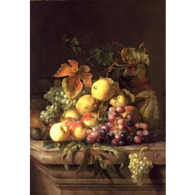 Jakab Bogdany - A Still Life of Melons, Grapes and Peaches on a Ledge