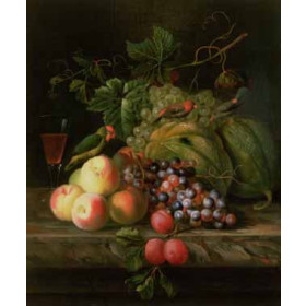 Jakob Bogdani Or Bogdany - Still Life of Fruit on a Ledge with Parakeets