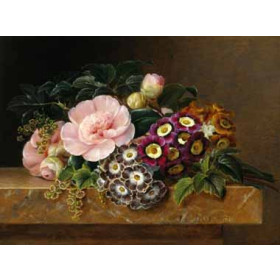 Jensen, Johan Laurentz(Denmark) - Bouquet of Pink Camellias and Primula on Marble Ledge