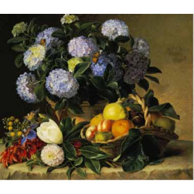 Jensen, Johan Laurentz(Denmark) - Hydrangea in an Urn and a Basket of Fruit on a Ledge