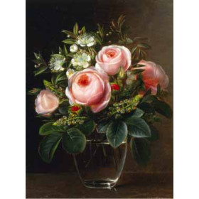 Jensen, Johan Laurentz(Denmark) - Roses and Tree Anemone in a Glass Vase