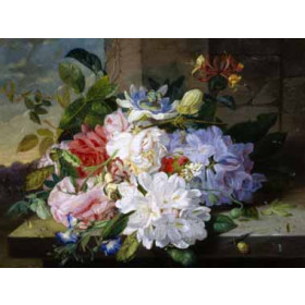 John Wainwright - Pretty Still Life of Roses, Rhododendron and Passionflower