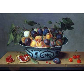 Joseph Bail - Peaches and Plums in a Blue and White Chinese Bowl, with Other Fruit on a Table