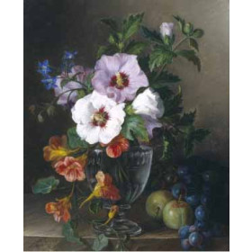 Julie Guyot - Still Life of Hibiscus and Nasturtium in a Glass Vase