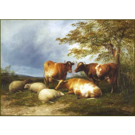 Cattle and Sheep Resting under a Tree