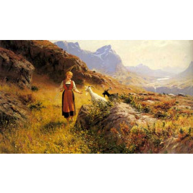 An Alpine Landscape With A Shepherdess And Goals