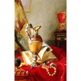 A Still Life With Urns And Illuminated Manuscript On A Draped Table